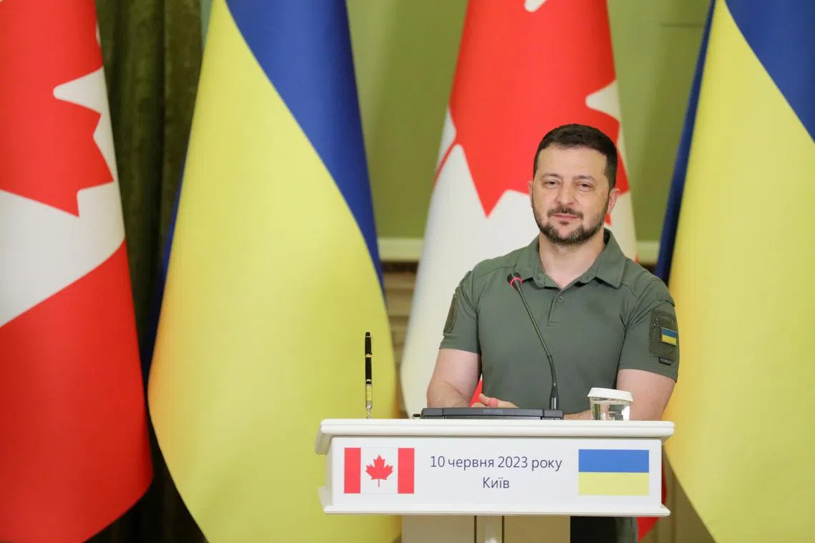 Ukraine's President Volodymyr Zelensky addresses a joint press conference with Canada's Prime Minister Justin Trudeau (not pictured) in Kyiv.