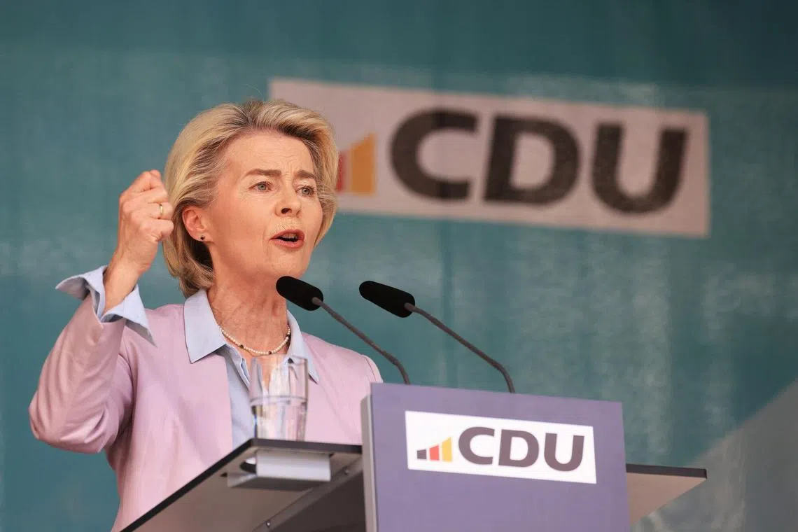 European Commission president Ursula von der Leyen speaking at a CDU campaign event on May 26, ahead of European parliamentary elections.