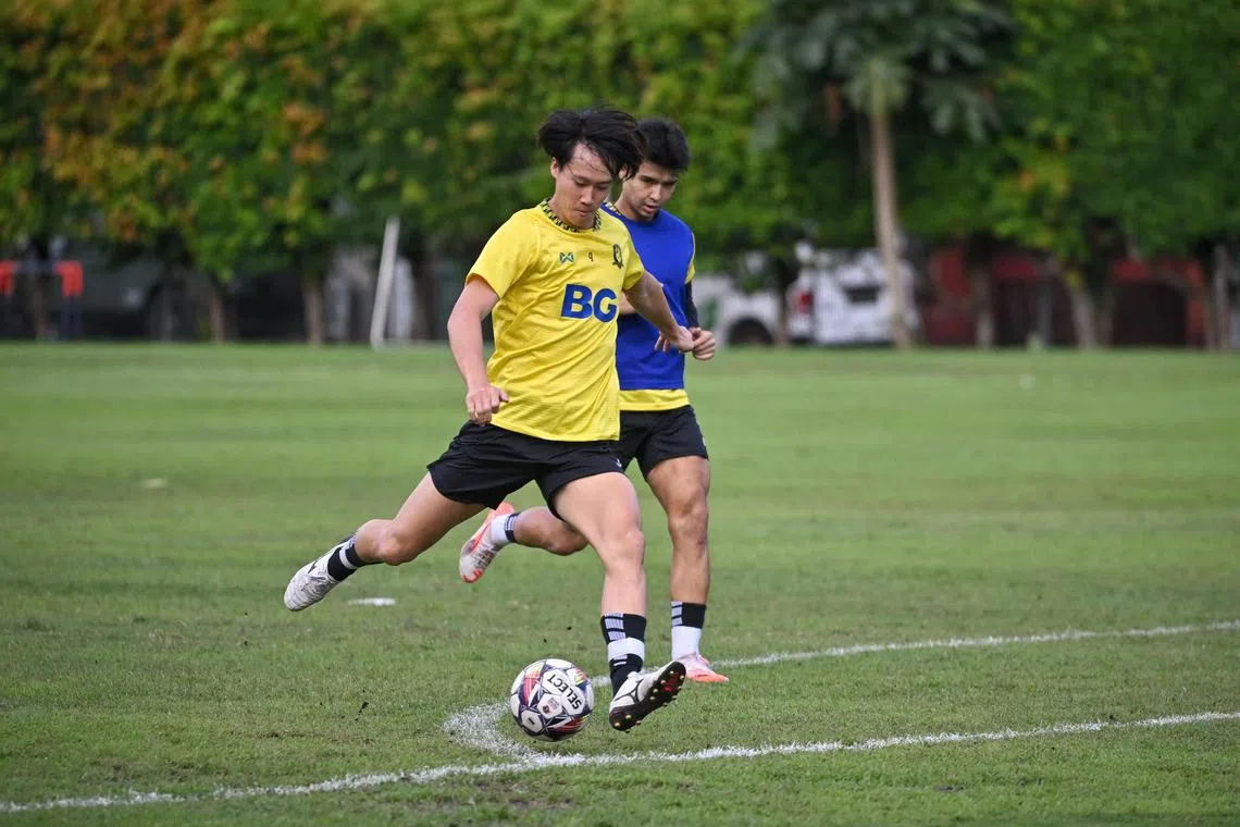 BG Tampines Rovers, 24-year-old Japanese forward Itsuki Enomoto during a training session at Geylang field on Jan 30, 2025.