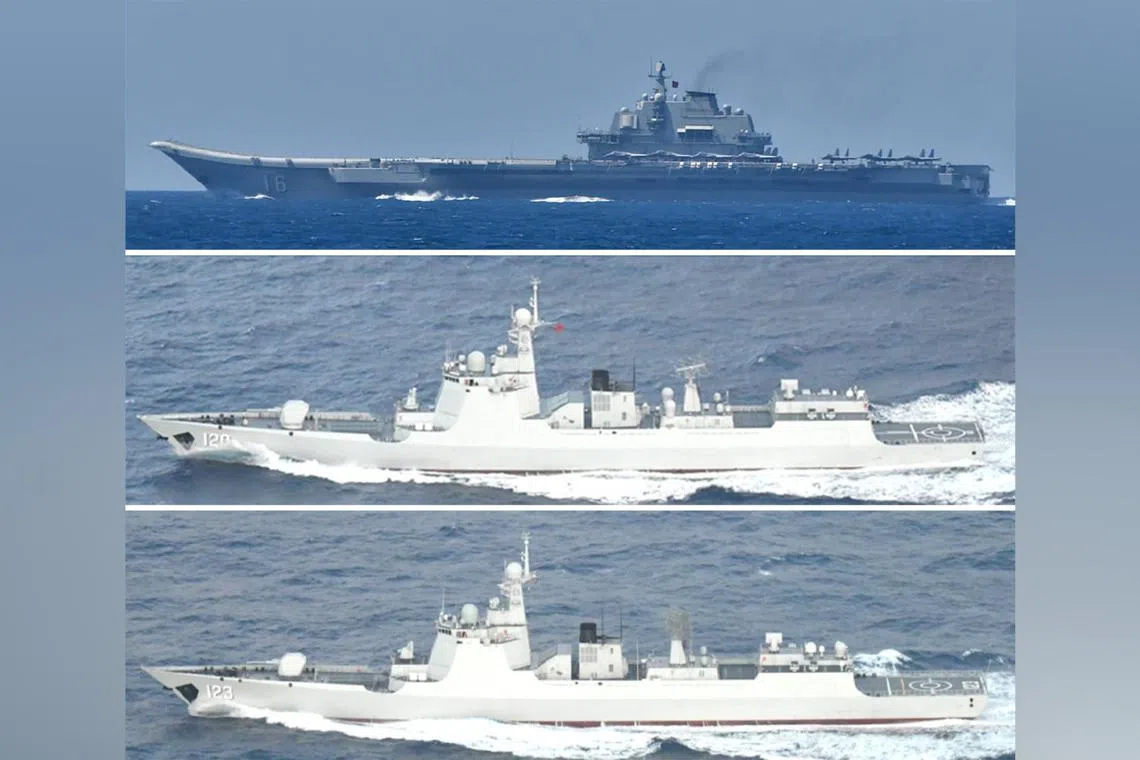 The Liaoning carrier (top) and two Luyang III-class missile destroyers were seen sailing between two Japanese islands near Taiwan on Sept 17 and 18.