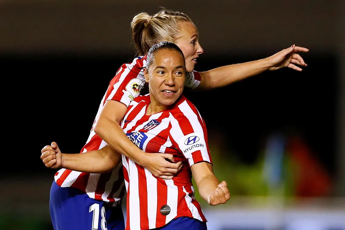 Soccer Football - Women's Champions League - Round of 16 First Leg - Manchester City v Atletico Madrid - The Academy Stadium, Manchester, Britain - October 16, 2019   Atletico Madrid's Charlyn Corral celebrates scoring their first goal with Toni Duggan   Action Images via Reuters/Jason Cairnduff/File Photo