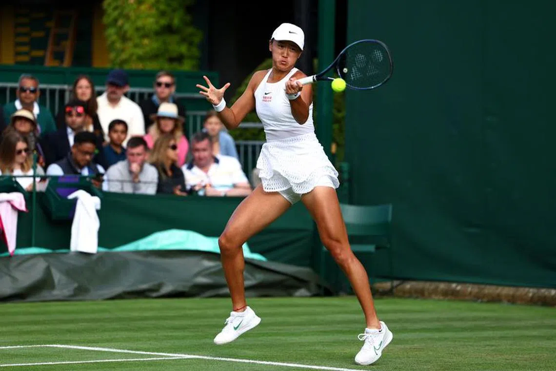 FILE PHOTO: Tennis - Wimbledon - All England Lawn Tennis and Croquet Club, London, Britain - July 5, 2023 China's Wang Xiyu in action during her first round match against Russia's Mirra Andreeva REUTERS/Toby Melville/File Photo