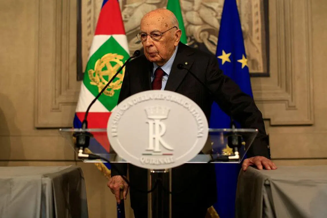 FILE PHOTO: Former Italian President and senator Giorgio Napolitano speaks following a talk with Italian President Sergio Mattarella at the Quirinal Palace in Rome, Italy, April 13, 2018.  REUTERS/Tony Gentile/File Photo