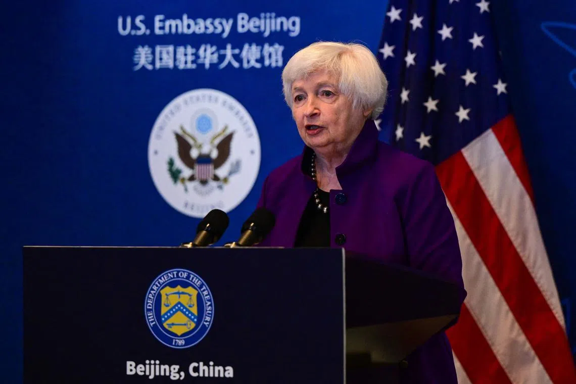 US Treasury Secretary Janet Yellen speaking during a news conference at the Beijing American Centre of the US Embassy in China on July 9, 2023. 