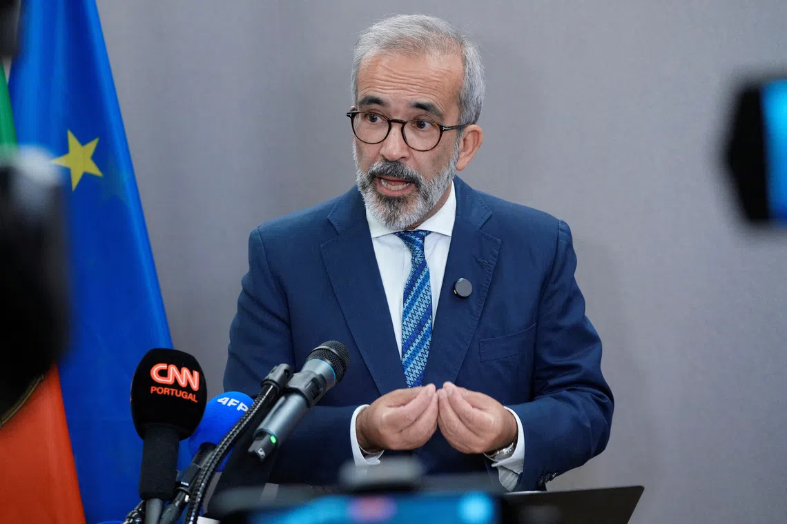 Portugal's Foreign Minister Paulo Rangel announces that the Portuguese government recognizes a Palestinian state, during a statement ahead of the United Nations General Assembly in New York, U.S., September 21, 2025.  REUTERS/Eduardo Munoz