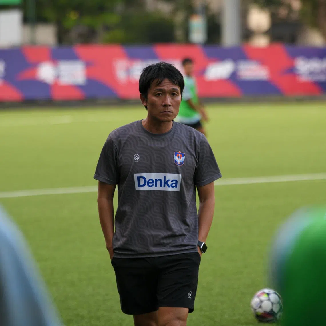 Albirex Niigata’s interim head coach Keiji Shigetomi, 45, overlooking a training session at the Jurong East Stadium ahead of a July 27 crunch clash against league leaders BG Tampines Rovers.