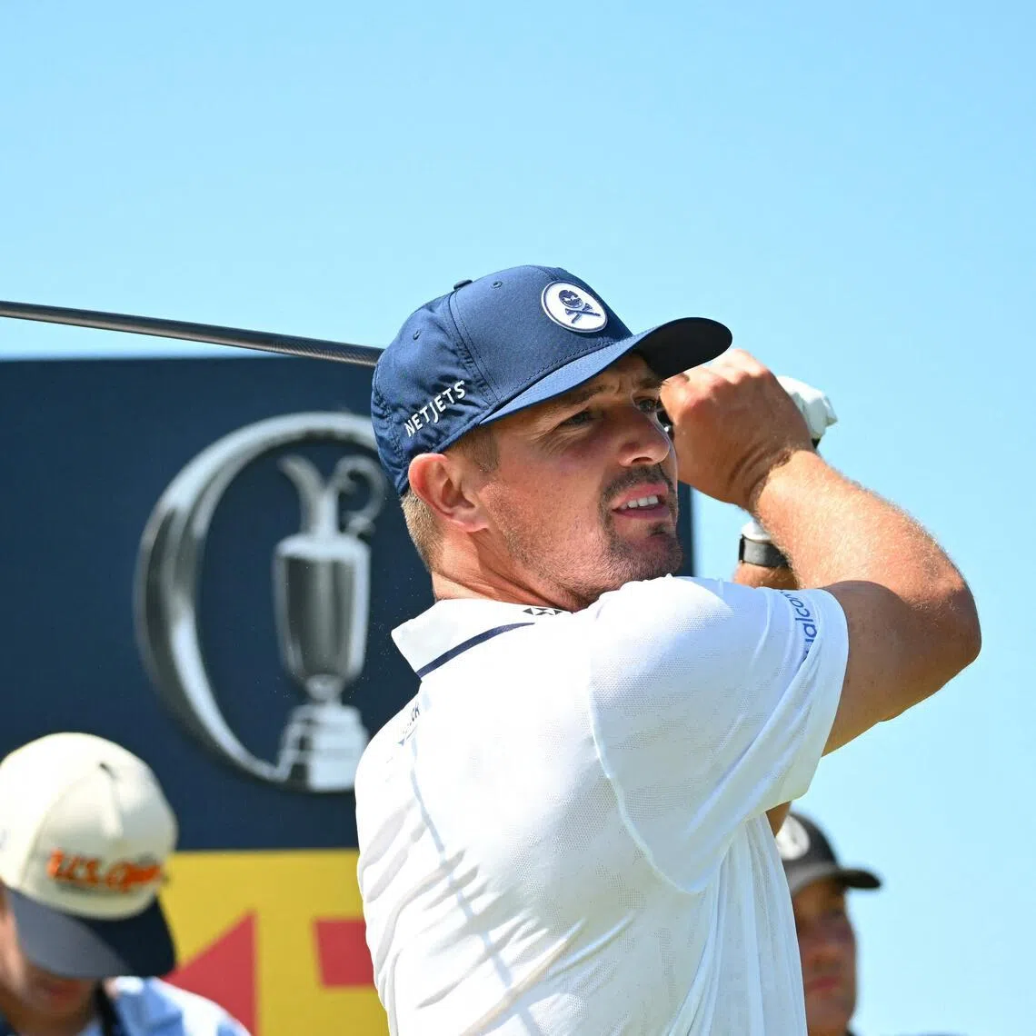 US golfer Bryson DeChambeau watching his drive from the 17th tee during practice for the 154th Open Golf championship at Royal Birkdale Golf Club near Southport in north-west England on July 13.