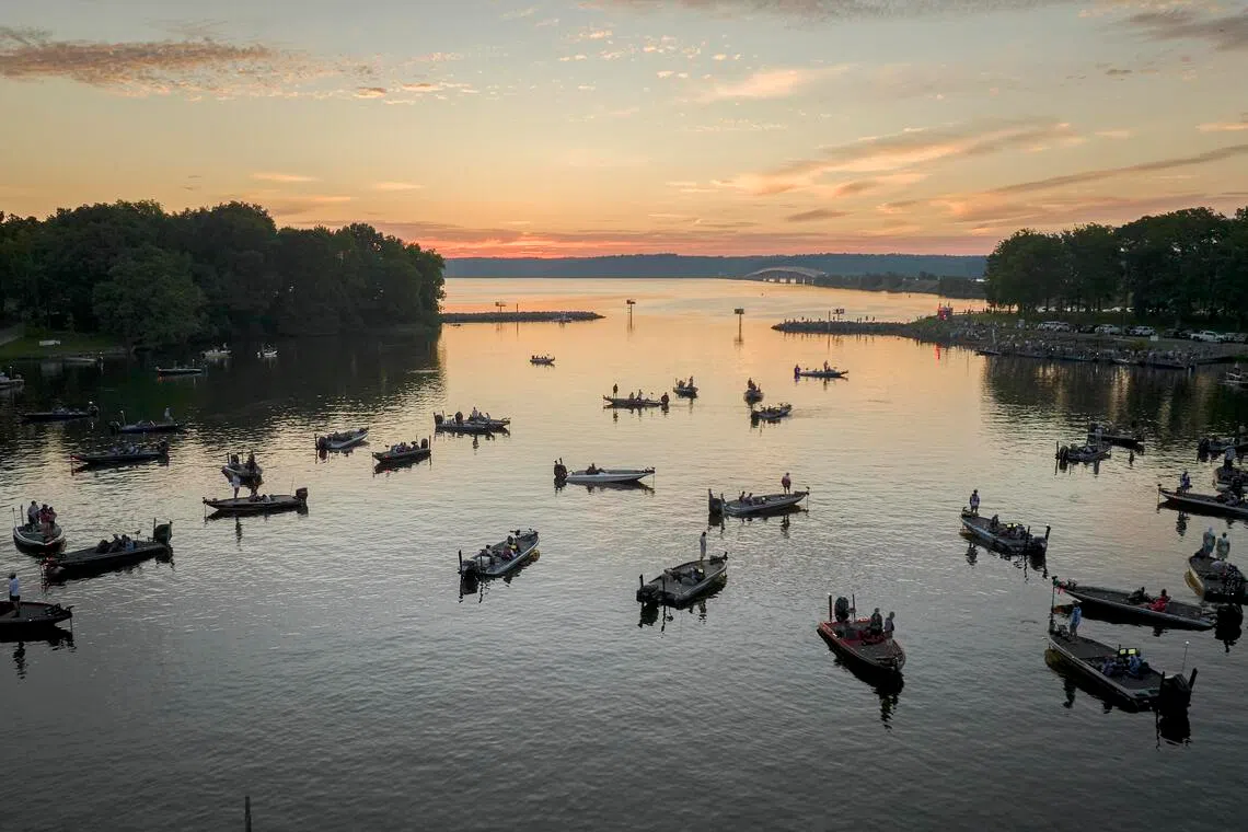 Anglers on Kentucky Lake awaiting the start of the Strike King Bassmaster High School National Championship in Buchanan, Tennessee, on July 31.