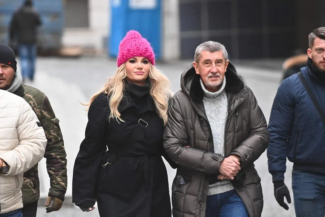 Presidential candidate Andrej Babis and his wife Monika arrive at an election campaign rally in Brno, Czech Republic, on Jan 23, 2023.