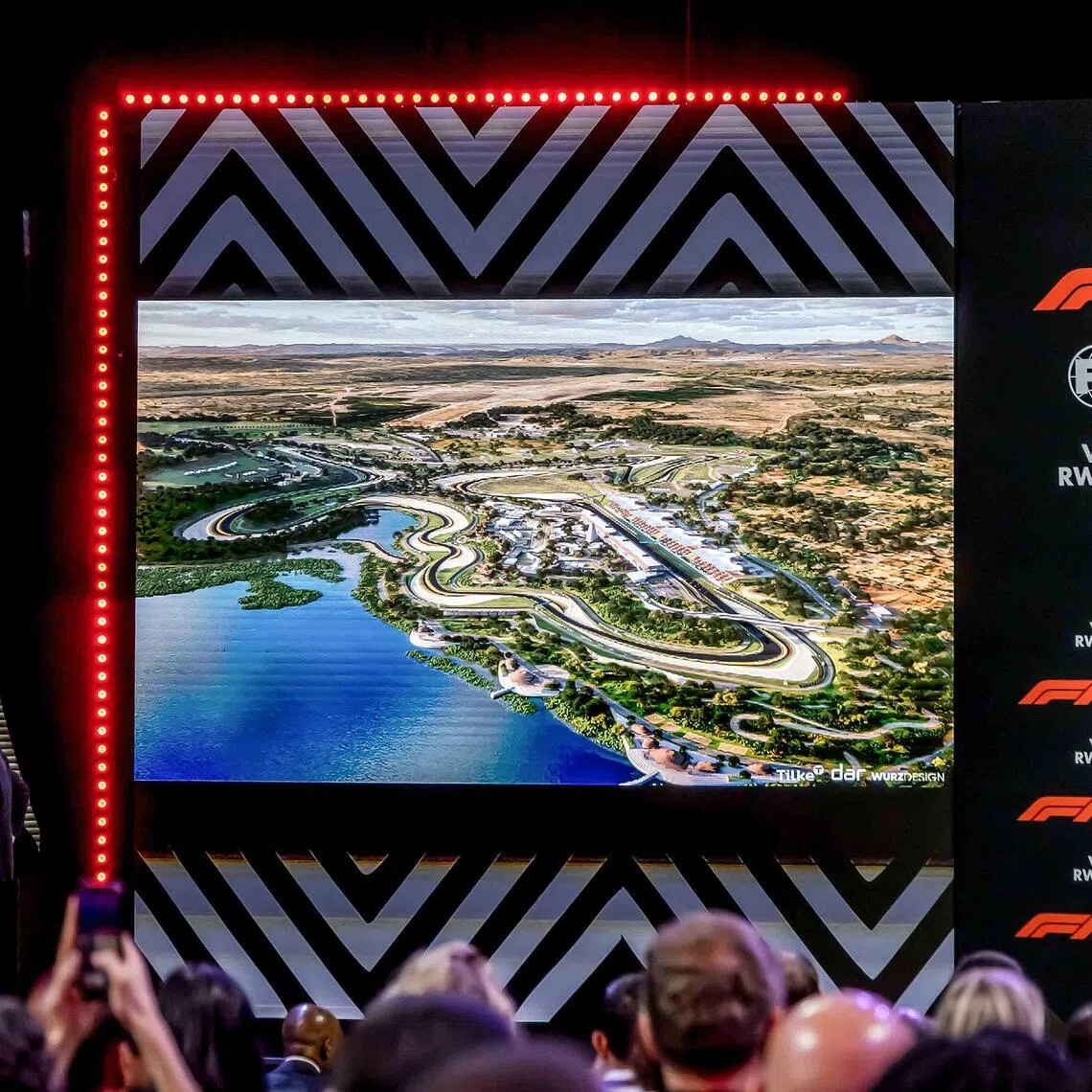 The proposed Formula 1 circuit in Rwanda displayed on giant screens during the announcement of the race in Kigali on Oct 13.