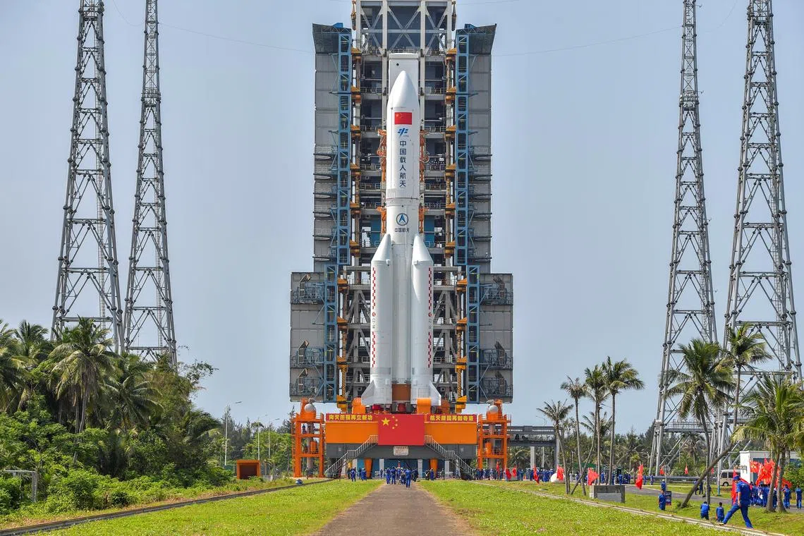 The Long March-5B Y2 rocket at the launch pad of Wenchang Space Launch Center in Hainan province, on April 23, 2021.