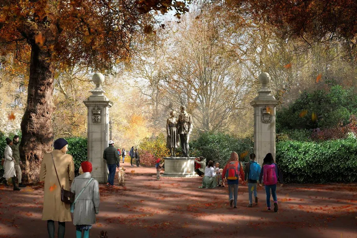 A digital illustration shows a statue of Britain's Queen Elizabeth II and Prince Philip, by Foster + Partners led by British architect Lord Norman Foster, which has been selected as one of the winning entries for the national memorial in St James's Park in London, Britain, in this undated handout picture.   Foster + Partners/Handout via REUTERS