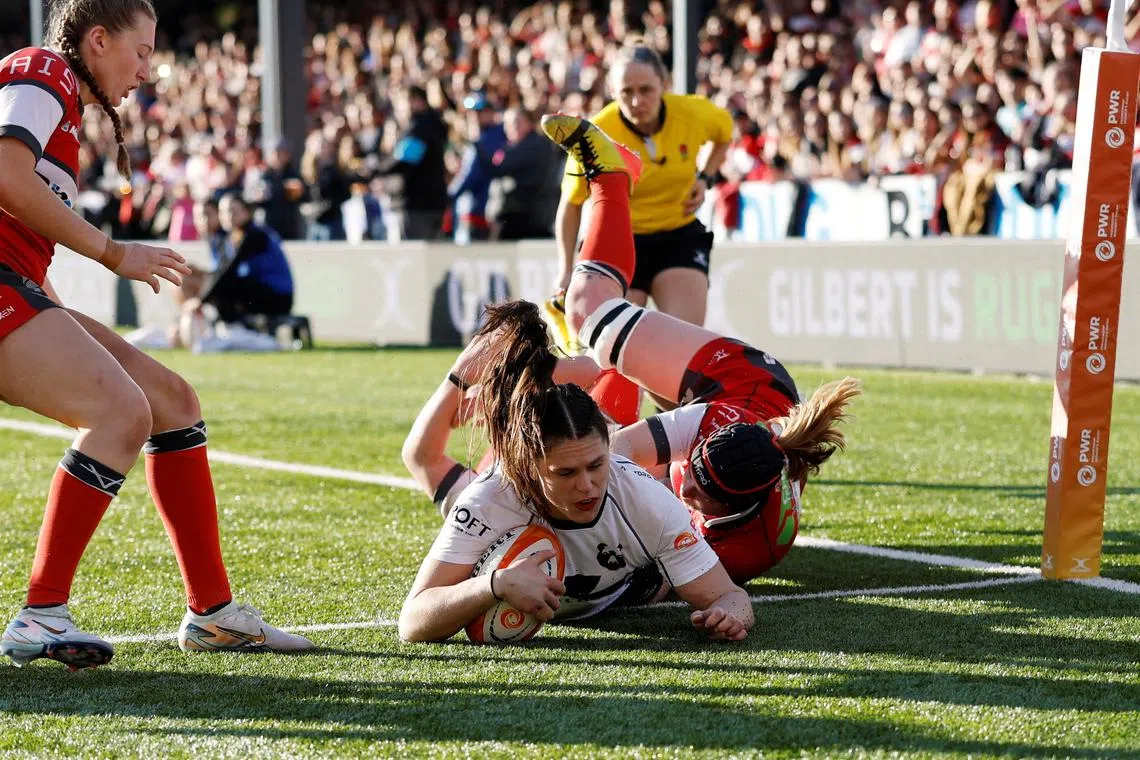 FILE PHOTO: Rugby Union - Premiership Women's Rugby - Semi Final - Gloucester-Hartpury v Bristol Bears - Kingsholm Stadium, Gloucester, Britain - March 2, 2025 Bristol Bears' Ilona Maher scores a try Action Images via Reuters/John Sibley/File Photo