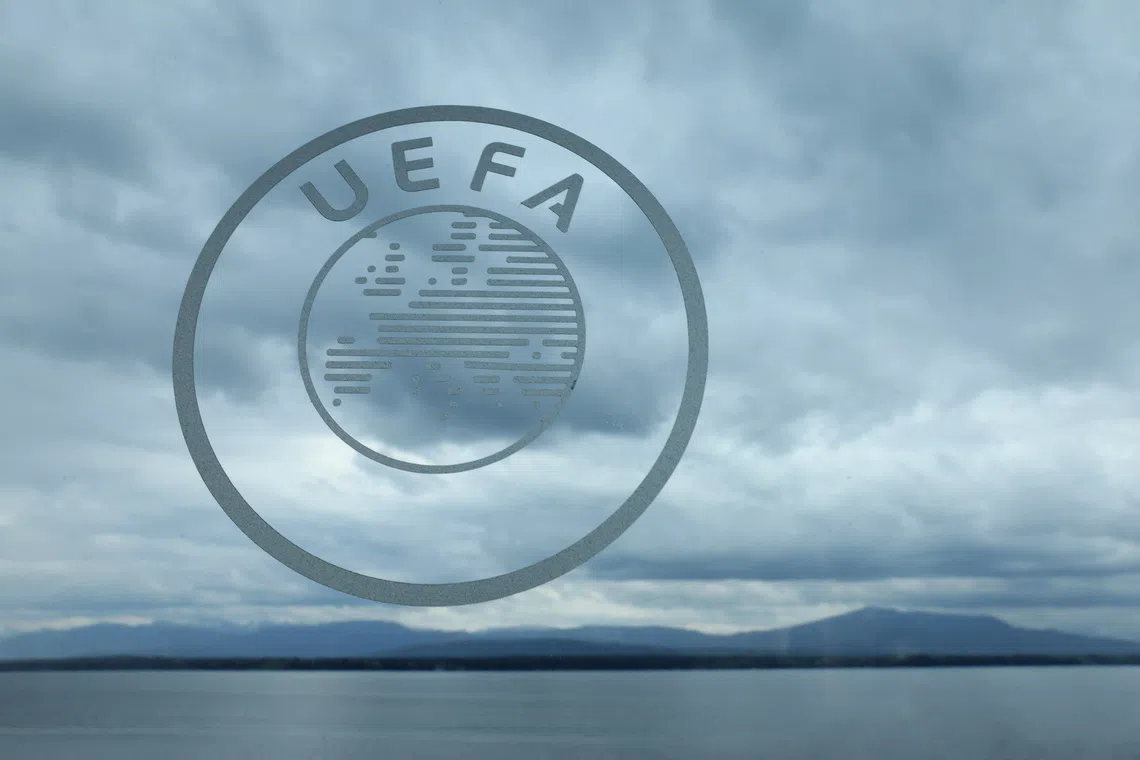 Soccer Football - Champions League - Draw For Quarter Final, Semi Final and Final - UEFA Headquarters, Nyon, Switzerland - March 15, 2024 General view of the UEFA logo after the draw REUTERS/Denis Balibouse