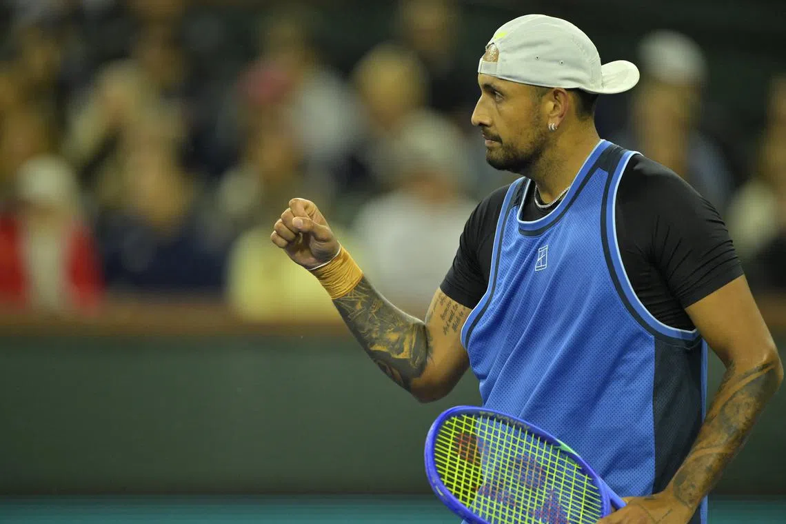 FILE PHOTO: Mar 6, 2025; Indian Wells, CA, USA;  Nick Kyrgios (AUS) reacts after winning a point against Botic Van De Zandschulp (not pictured) during his first round match of the BNP Paribas Open at the Indian Well Tennis Garden. Mandatory Credit: Jayne Kamin-Oncea-Imagn Images/File Photo