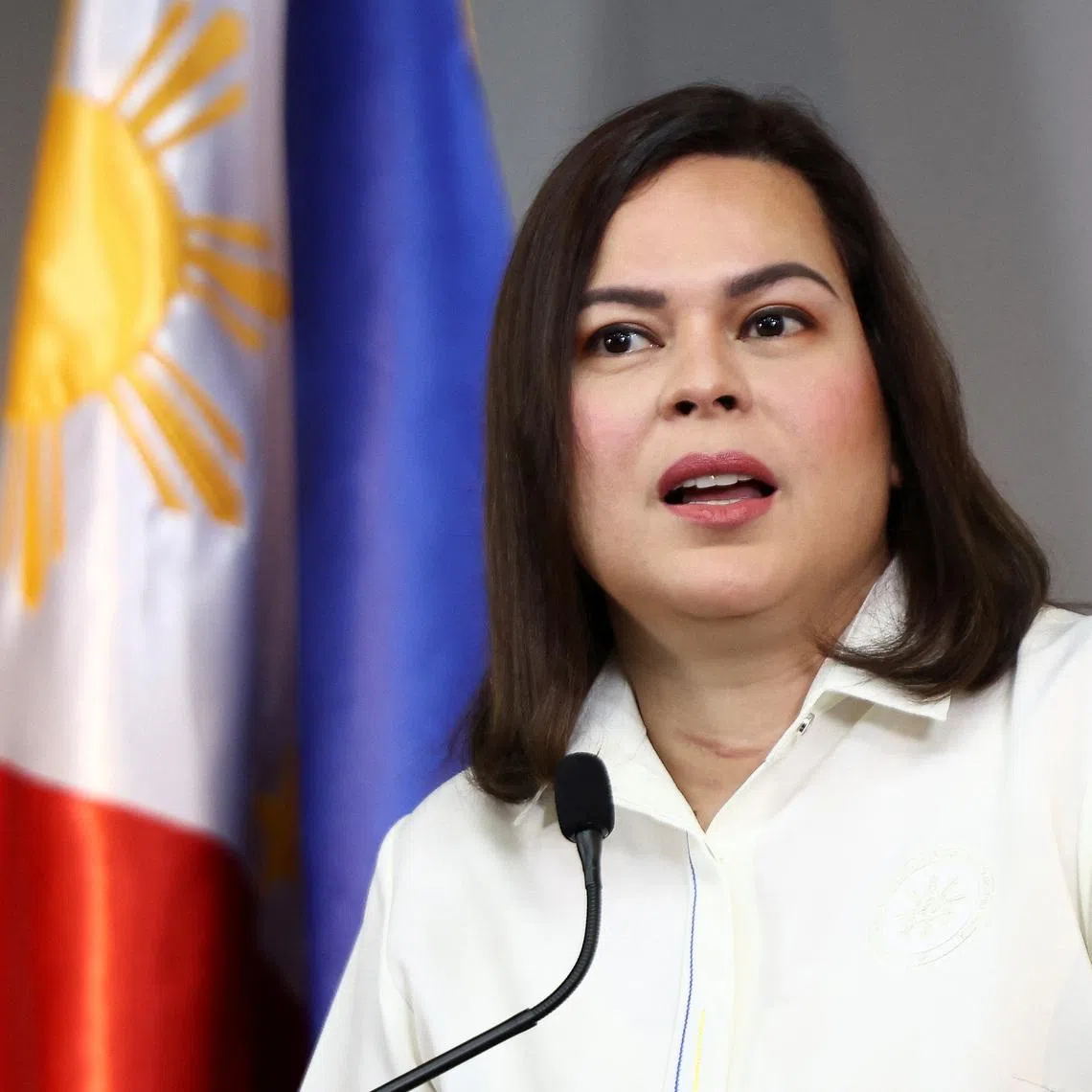 Philippine Vice President Sara Duterte delivers a statement following her impeachment by the lower house of the Congress, in her office at Mandaluyong City, Metro Manila, Philippines, February 7, 2025. REUTERS/Eloisa Lopez