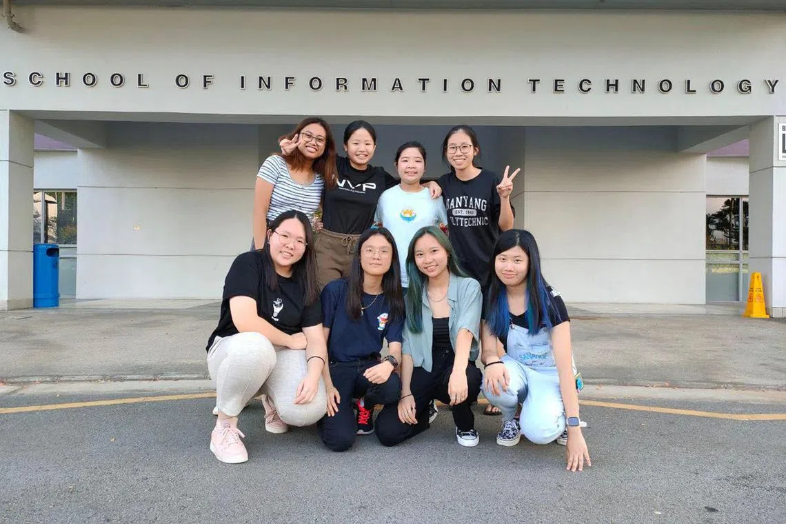 Nanyang Technological University computing student and IT security consultant Seraphina Chua (bottom row, second from right) with members of Ladies in Tech, an interest group at Nanyang Polytechnic.
