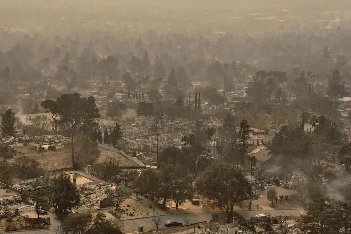 A view of the destruction caused by the Eaton fire in a residential neighborhood in Altadena, California, on Jan 9.