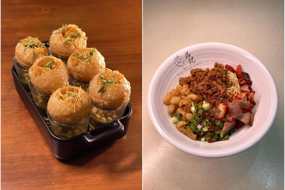 Pani Puri Shots at Shamiana Restaurant (left) and Original Kuching QQ Noodles With Char Siew (Kolo Mee) at Tracy’s Sarawak Kitchen. 