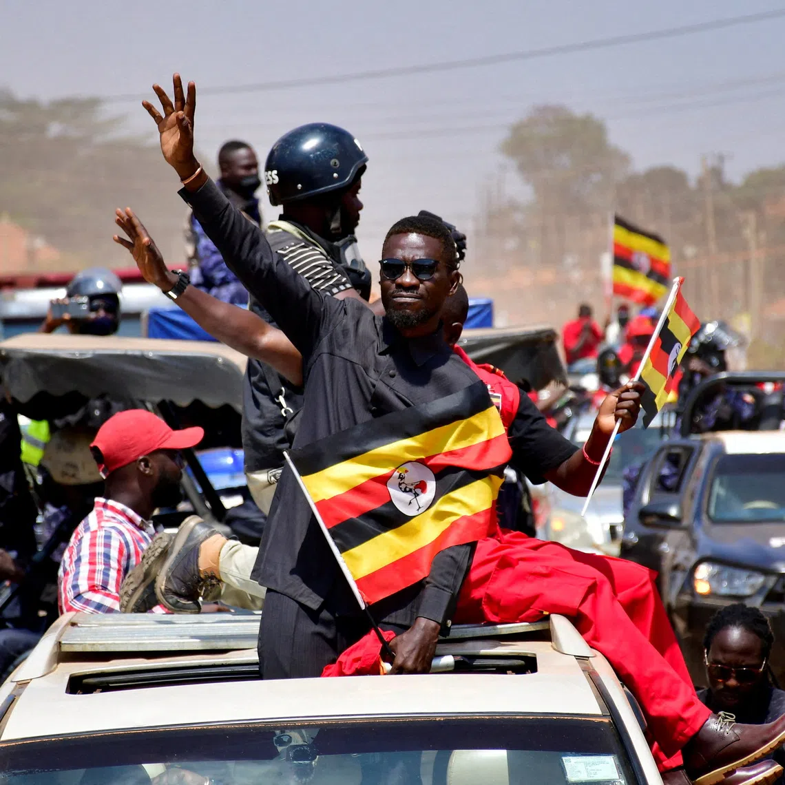 FILE PHOTO: Ugandan Presidential candidate Robert Kyagulanyi, also known as Bobi Wine, of the National Unity Platform (NUP) party, campaigns ahead of the general elections in Kira Municipality, Wakiso district on the outskirts of Kampala, Uganda December 1, 2025. REUTERS/Abubaker Lubowa/File Photo