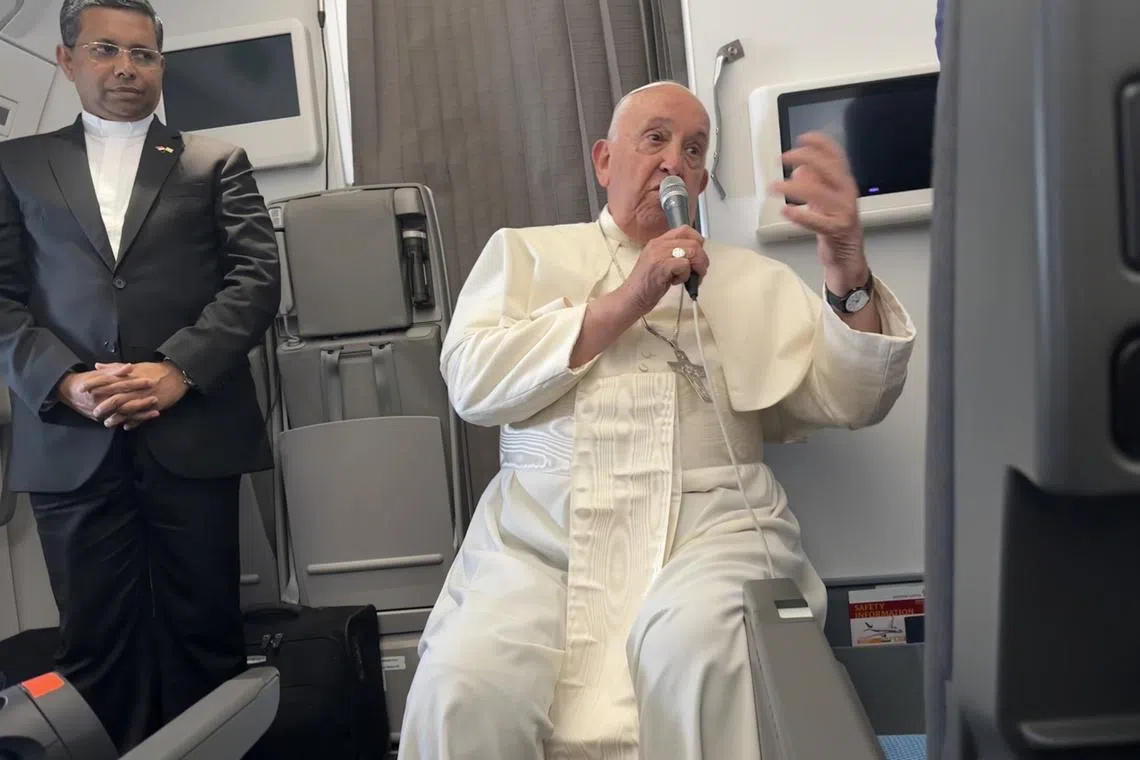 Pope Francis speaking during an in-flight press conference on Sept 13 to wrap up his 12-day Asia-Pacific tour.