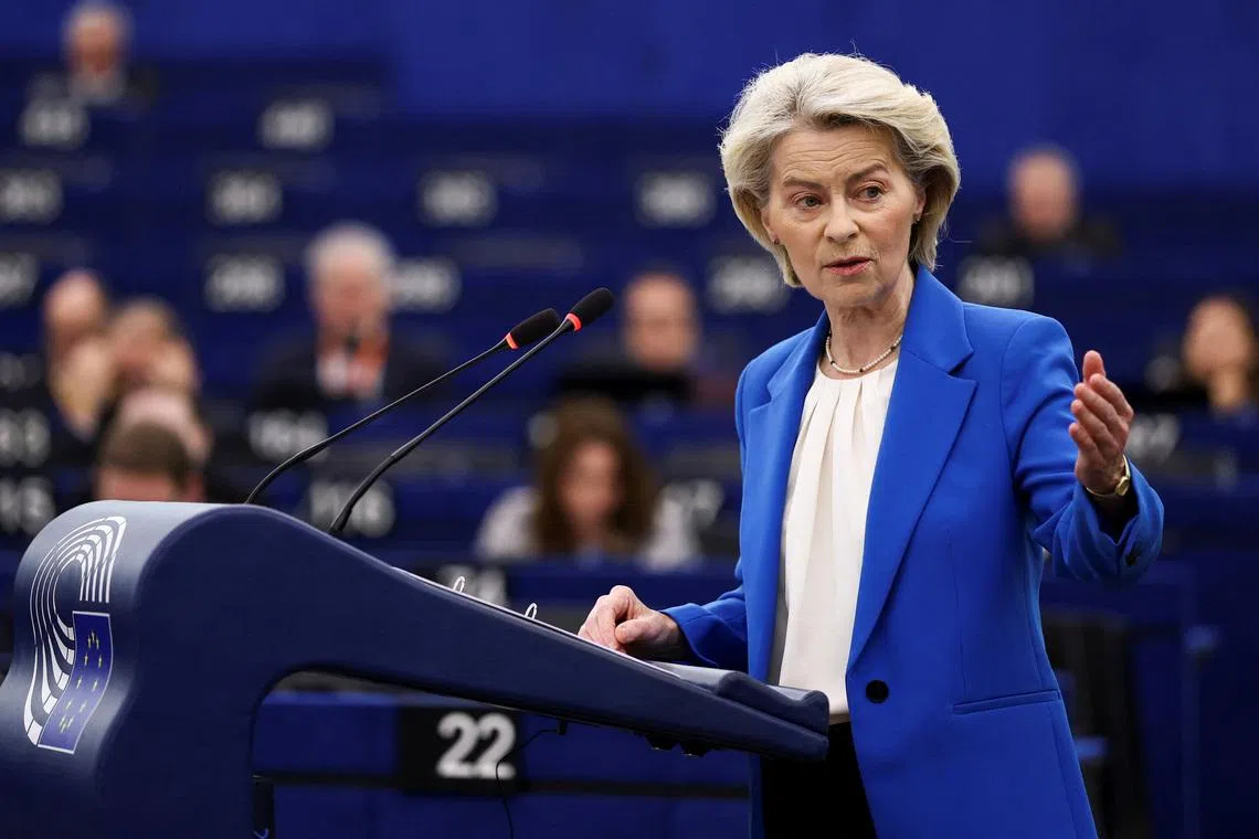 European Commission President Ursula von der Leyen addresses the EU Parliament in Strasbourg, France, January 21, 2026. REUTERS/Yves Herman