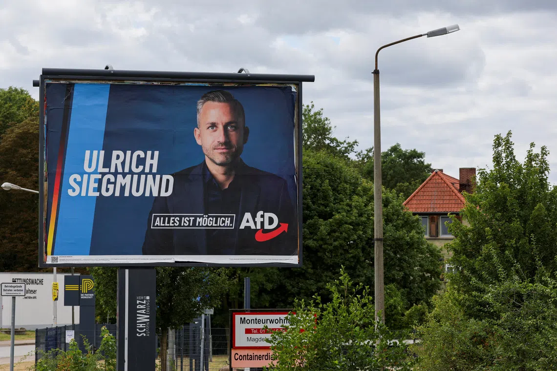 An election campaign billboard of Ulrich Siegmund, top candidate of the far-right Alternative for Germany (AfD), in Germany’s Saxony-Anhalt state election, in Quedlinburg, Germany. The slogan reads: ‘Everything is possible’.