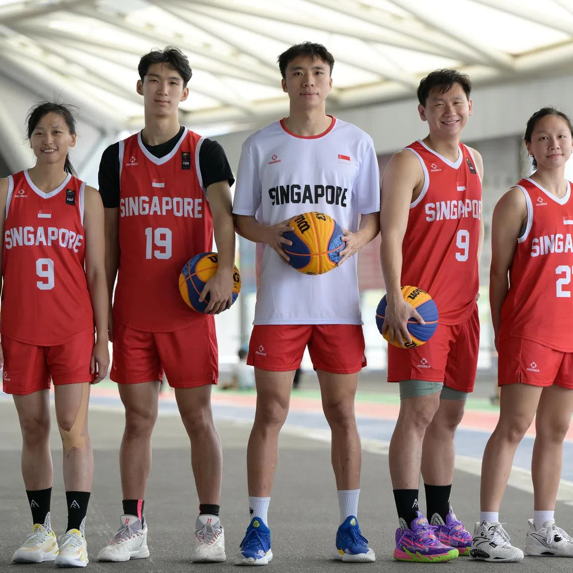 (From left) National 3x3 basketballers Tang Choy Ting, Xu Duanyang, Kelvin Lim, Tay Ding Loon and Jermaine Lim 
