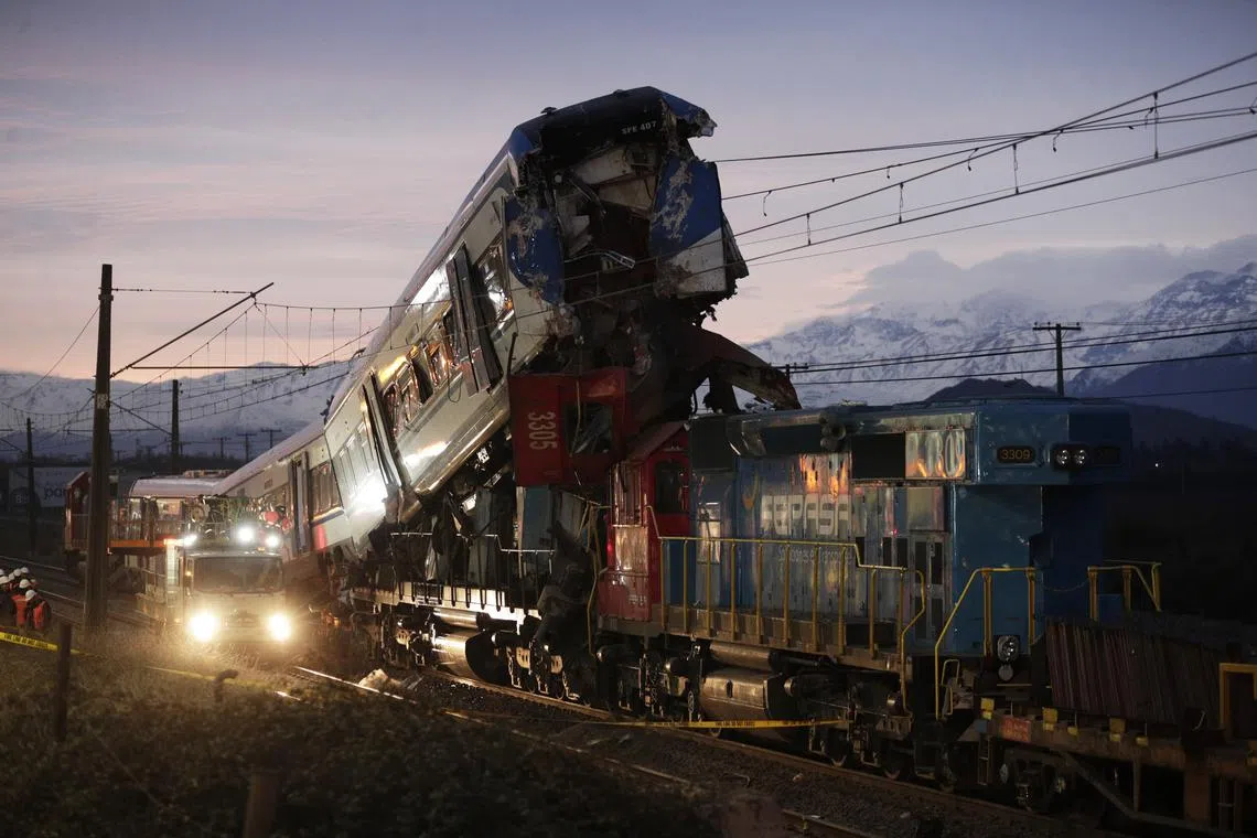 Two trains involved in an early morning accident in San Bernardo, in the south of Santiago, Chile, on June 20, 2024. 