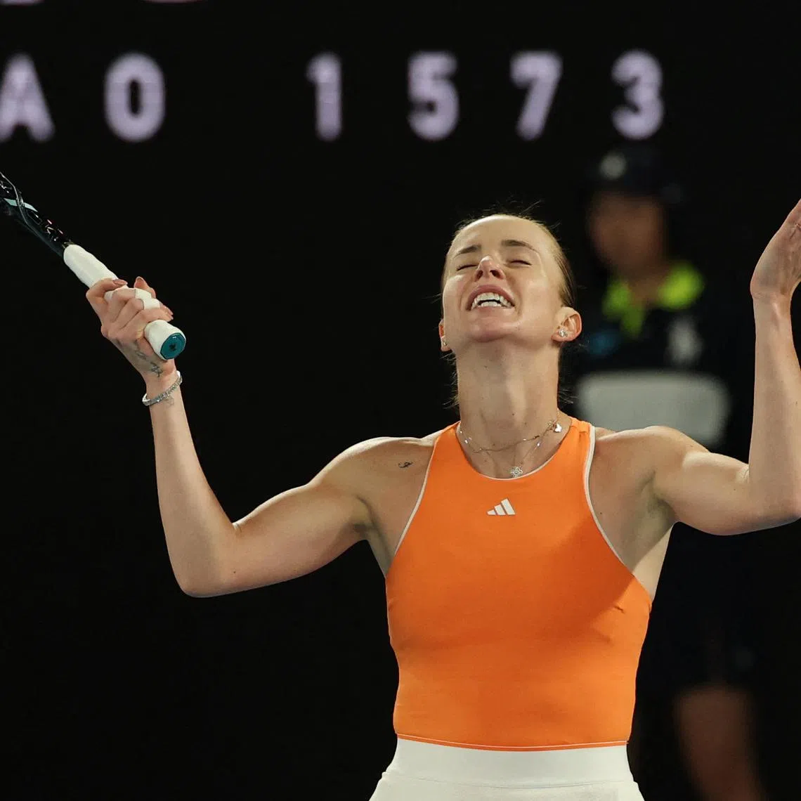 Tennis - Australian Open - Melbourne Park, Melbourne, Australia - January 25, 2026 Ukraine's Elina Svitolina celebrates after winning her fourth round match against Russia's Mirra Andreeva REUTERS/Hollie Adams
