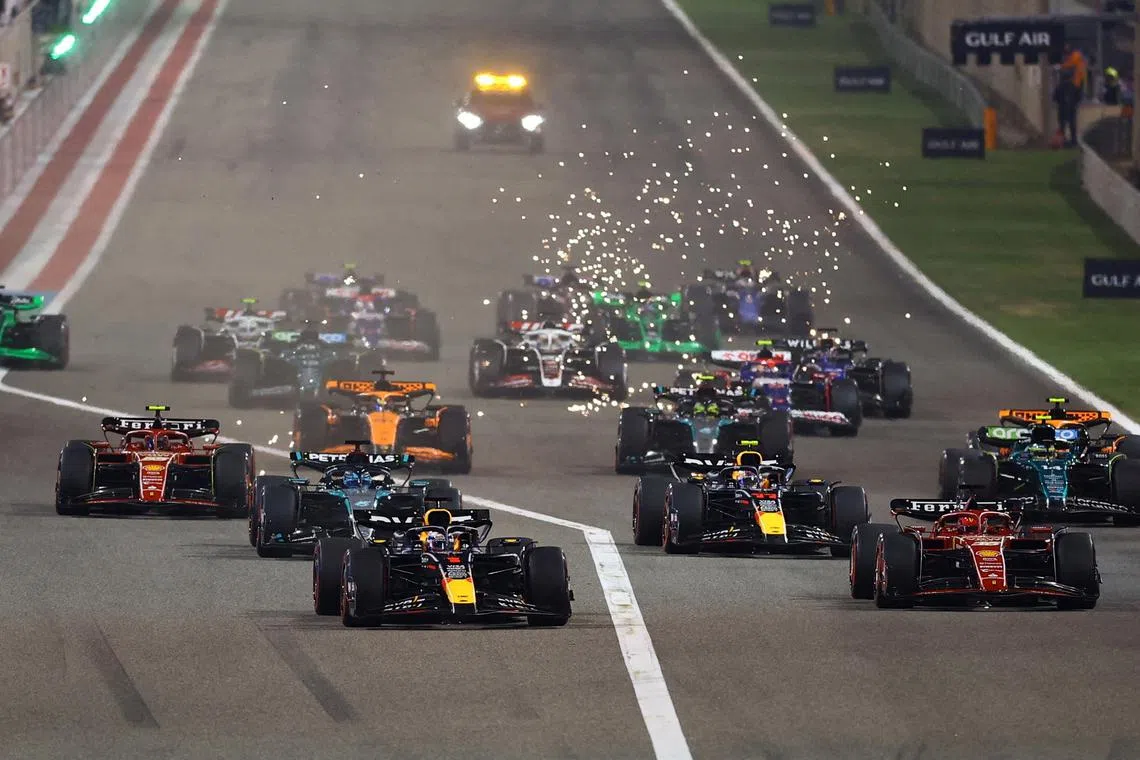 Formula One F1 - Bahrain Grand Prix - Bahrain International Circuit, Sakhir, Bahrain - March 2, 2024 General view of drivers in action during the start of the Bahrain Grand Prix REUTERS/Rula Rouhana/File Photo
