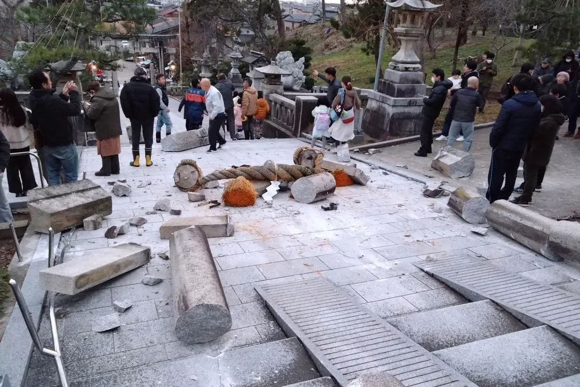 A collapsed torii gate caused by an earthquake is seen at Onohiyoshi Shrine in Kanazawa, Ishikawa prefecture, Japan, on Jan 1, 2024.