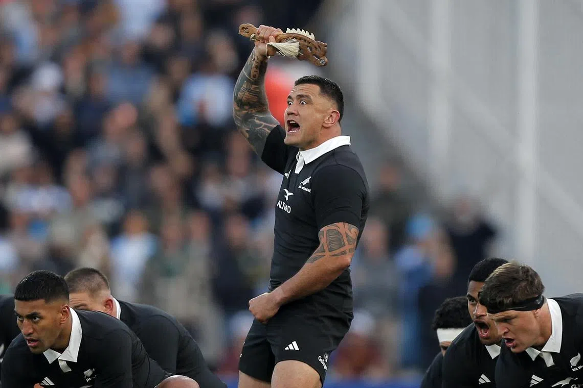 All Blacks hooker Codie Taylor performs the haka before the Rugby Championship match against Argentina at Mario Alberto Kempes stadium in Cordoba on Aug 16, 2025.