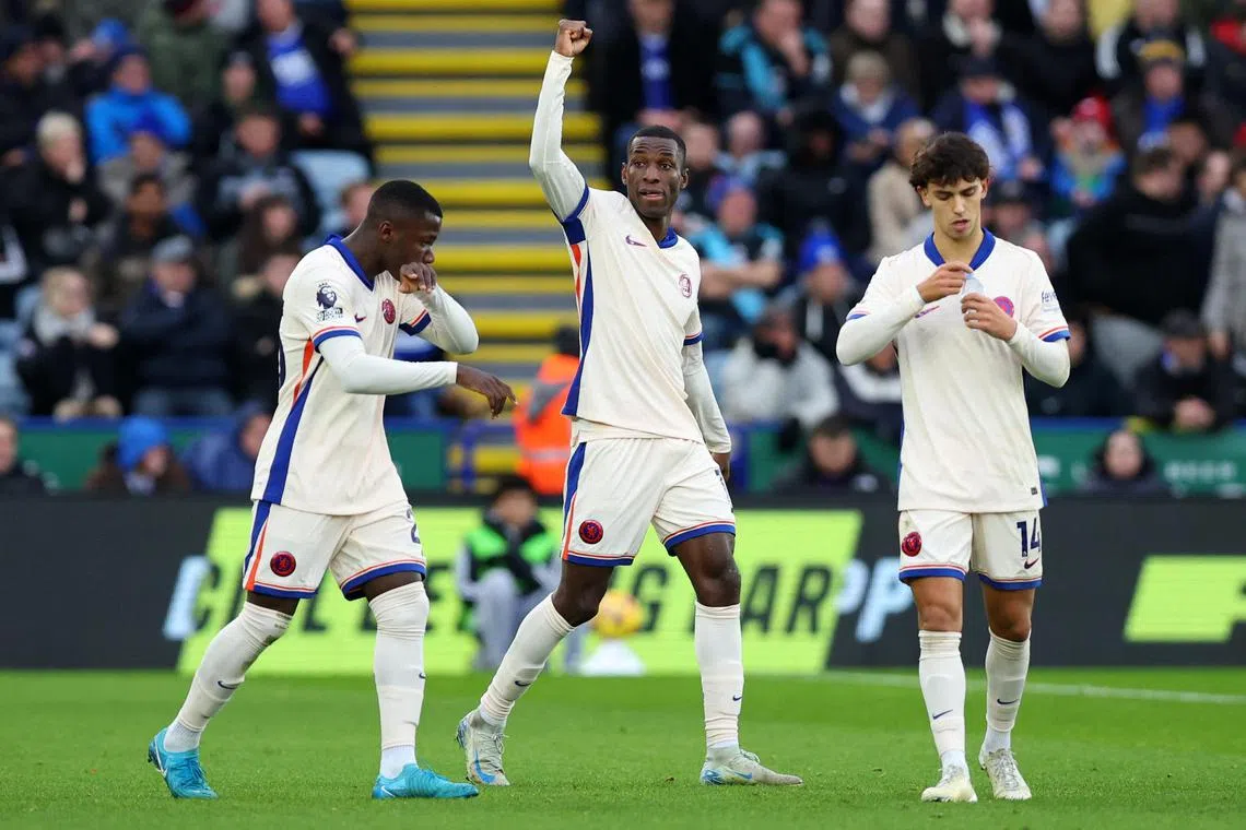Chelsea's Nicolas Jackson celebrates scoring the first goal against Leicester City with Moises Caicedo and Joao Felix.