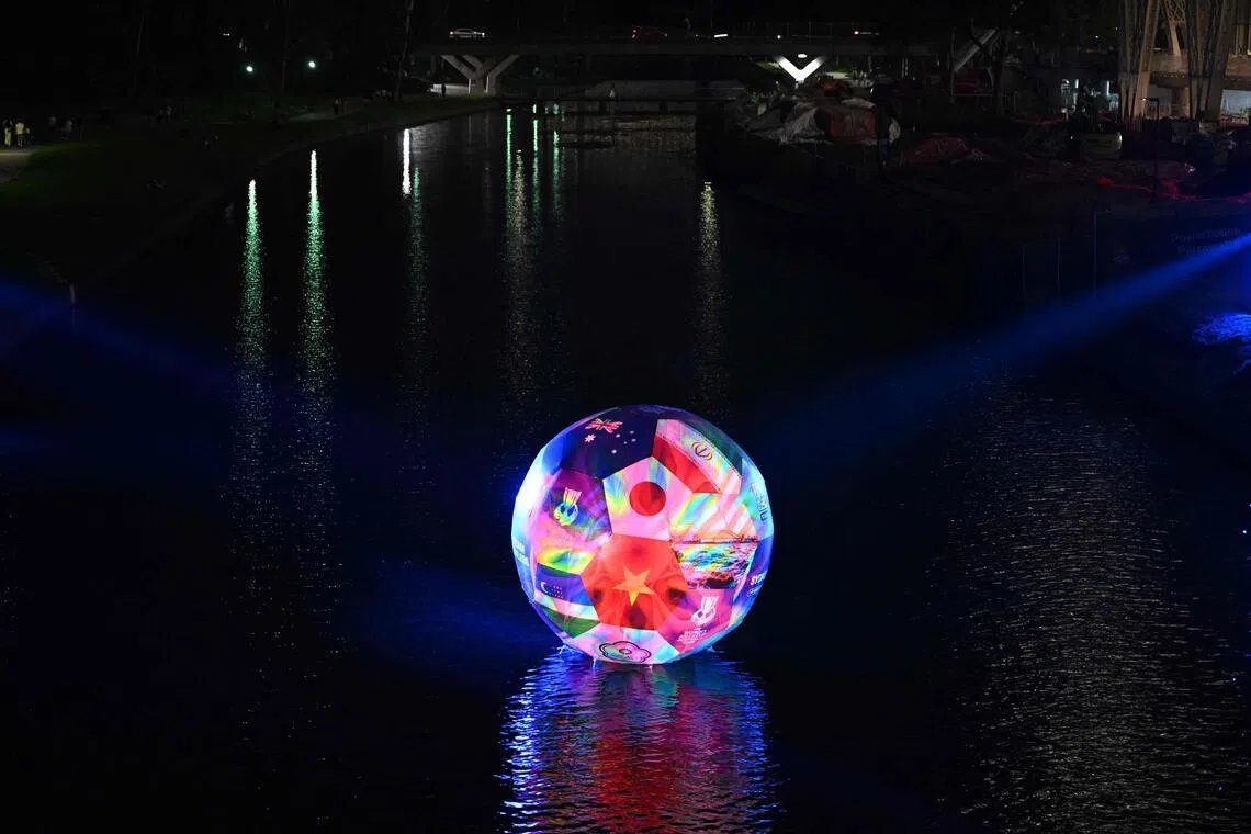 A giant floating football installation is seen on the Parramatta River in Sydney on Feb 21, 2026, ahead of the Women's Asian Cup.