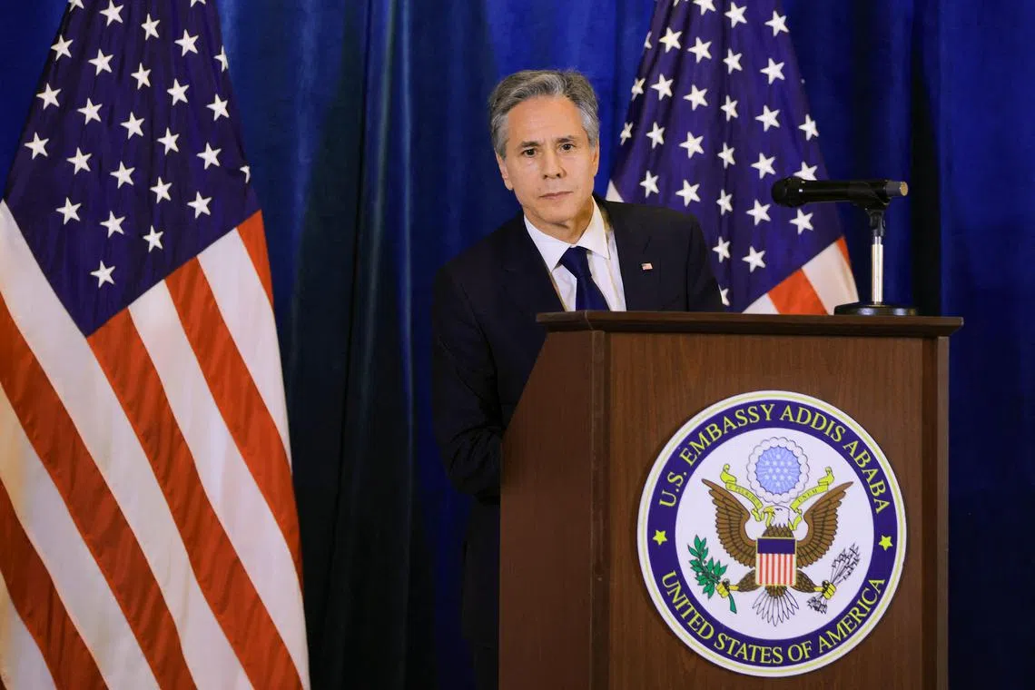 US Secretary of State Antony Blinken holds a press conference during his visit to Ethiopia, on March 15, 2023.