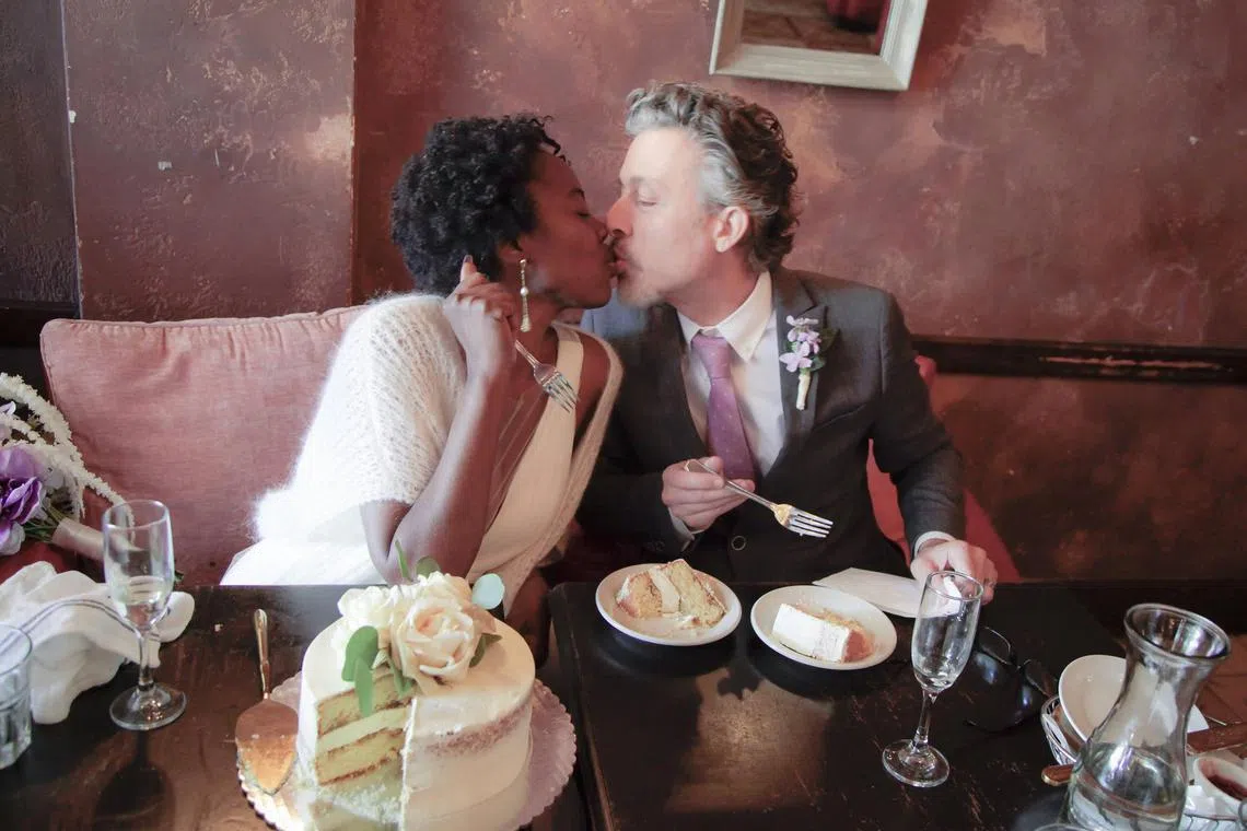 In a photo provided by Michelle Felix shows, Todra Payne and Paul Emberger, who hosted an intimate dinner at a French restaurant after their wedding ceremony last year at Peace Awareness Labyrinth and Gardens in Los Angeles. The national average wedding expense rose to more than $30,000 in 2024. (Michelle Felix via The New York Times) -- NO SALES; FOR EDITORIAL USE ONLY WITH NYT STORY AFFORDABLE WEDDINGS BY PERRI ORMONT BLUMBERG FOR AUG. 31, 2024. ALL OTHER USE PROHIBITED. --