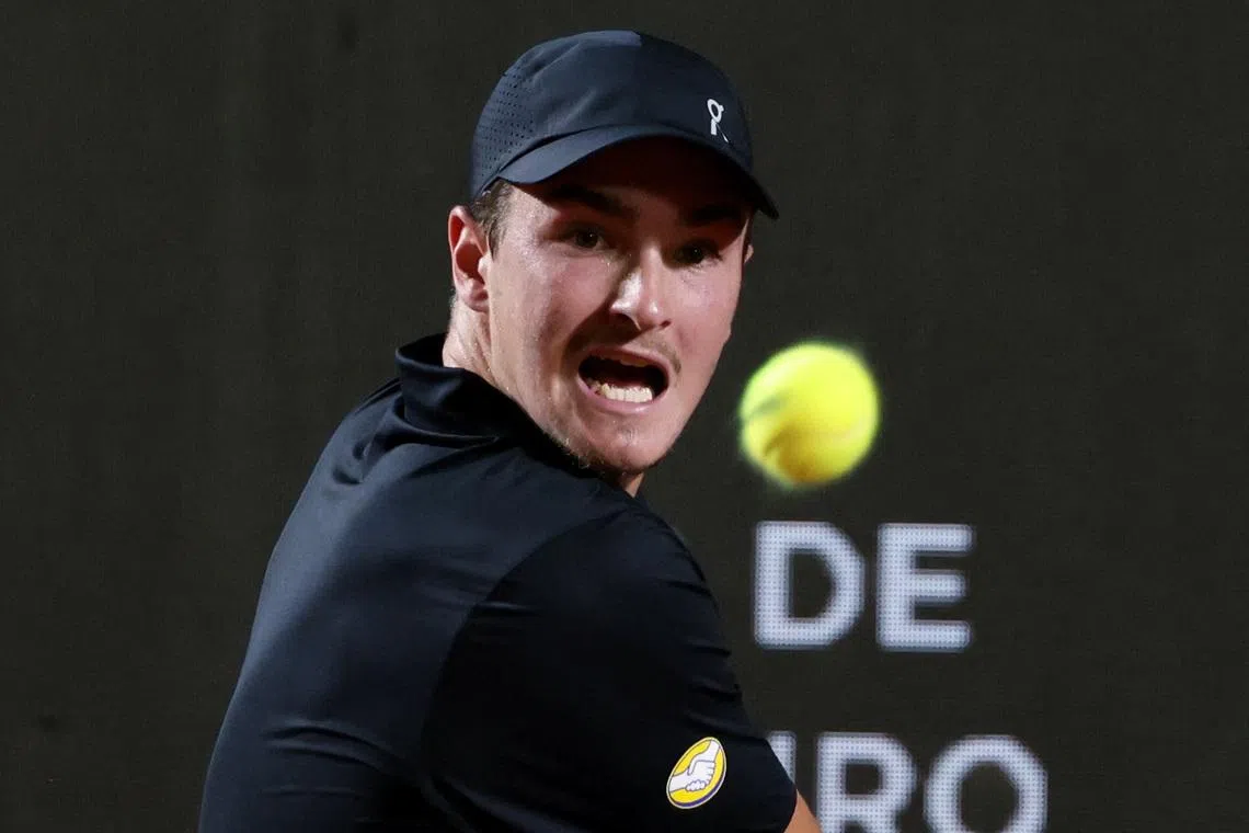 Tennis - Rio Open - Jockey Club Brasileiro, Rio De Janeiro, Brazil - February 19, 2026 Brazil's Joao Fonseca in action during his round of 16 match against Peru's Ignacio Buse REUTERS/Sergio Moraes