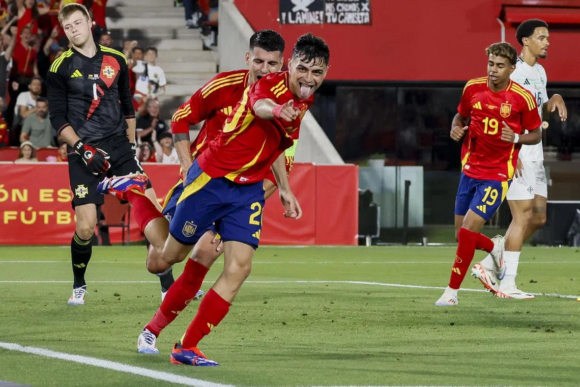 Spain's Pedri celebrates after scoring in the 5-1 friendly win over Northern Ireland.