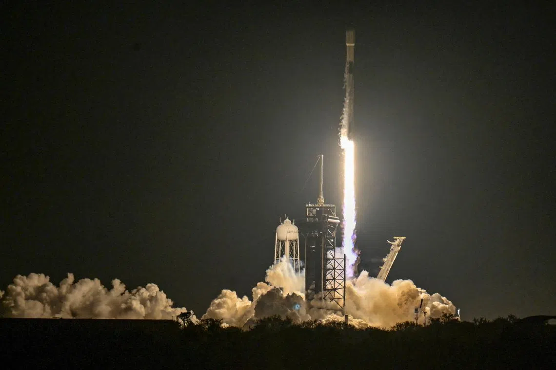 FILE PHOTO: A SpaceX Falcon 9 rocket lifts off from Launch Complex-39A carrying the Nova-C lunar lander Athena as part of NASA's Commercial Lunar Payload initiative from Kennedy Space Center in Cape Canaveral, Florida, U.S., February 26, 2025. REUTERS/Steve Nesius/File Photo