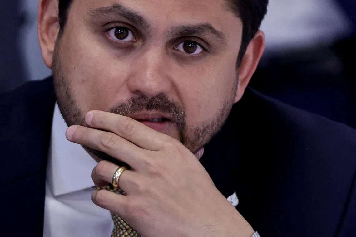 FILE PHOTO: Brazil's Communications Minister Juscelino Filho gestures before a ministerial meeting to celebrate the first 100 days of Brazil's President Luiz Inacio Lula da Silva government at the Planalto Palace in Brasilia, Brazil April 10, 2023. REUTERS/Ueslei Marcelino/File Photo