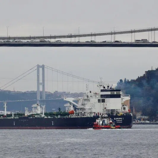 A crude oil tanker sailing in the Bosphorus, on its way to the Mediterranean Sea, in Istanbul, Turkey.
