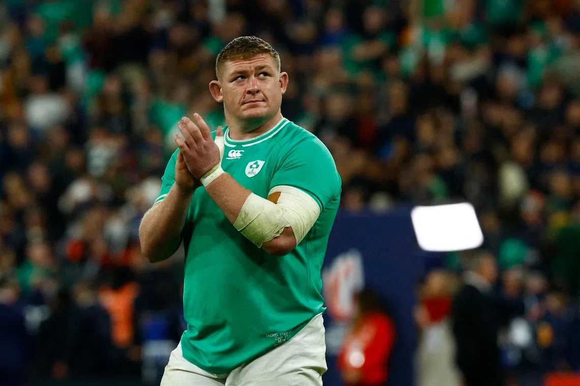 FILE PHOTO: Rugby Union - Rugby World Cup 2023 - Quarter Final - Ireland v New Zealand - Stade de France, Saint-Denis, France - October 14, 2023 Ireland's Tadhg Furlong applauds the fans after the match REUTERS/Gonzalo Fuentes/ File Photo