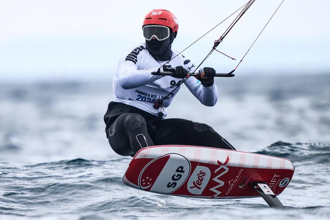 Singaporean kitefoiler Maximilian Maeder competing at the 2024 Formula Kite World Championships in Hyeres, France.