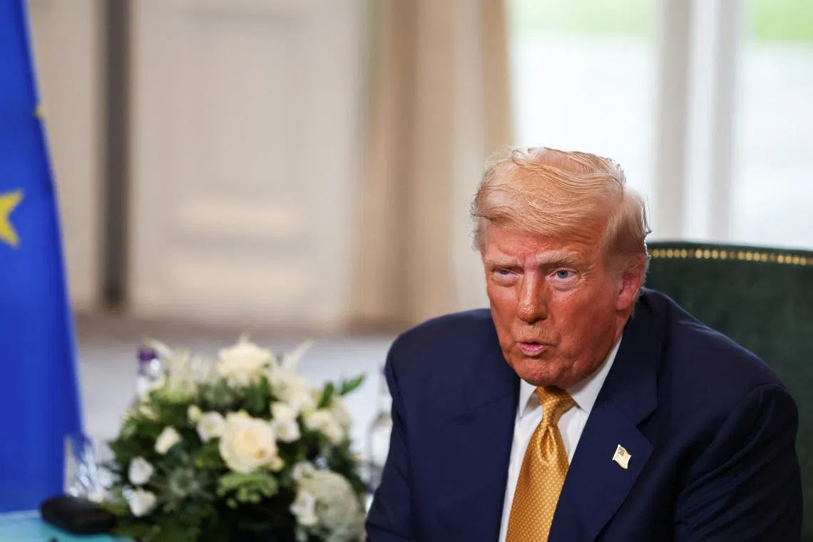 U.S. President Donald Trump meets with European Commission President Ursula von der Leyen (not pictured), in Turnberry, Scotland, Britain, July 27, 2025. REUTERS/Evelyn Hockstein