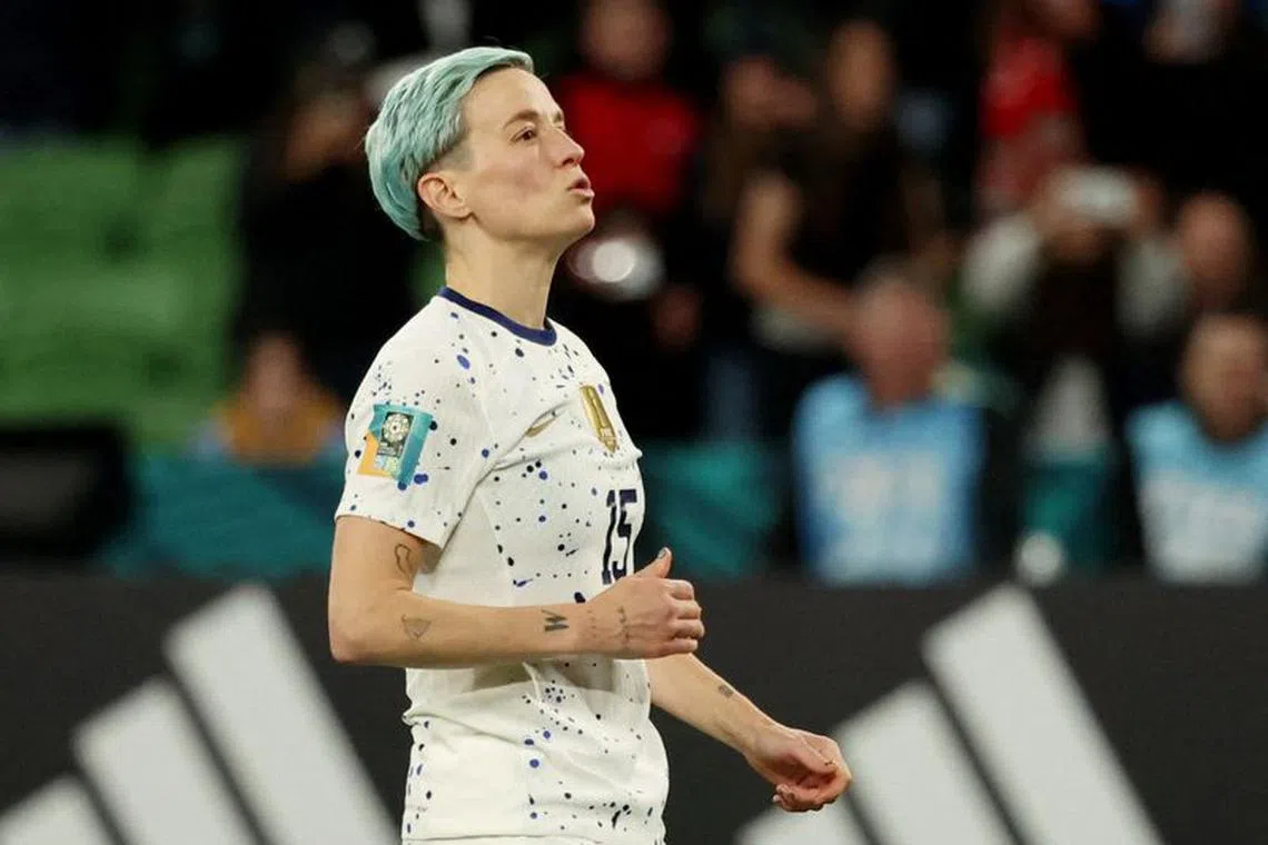FILE PHOTO: Soccer Football - FIFA Women’s World Cup Australia and New Zealand 2023 - Round of 16 - Sweden v United States - Melbourne Rectangular Stadium, Melbourne, Australia - August 6, 2023 Megan Rapinoe of the U.S. reacts after missing a penalty during the penalty shootout REUTERS/Asanka Brendon Ratnayake/File Photo