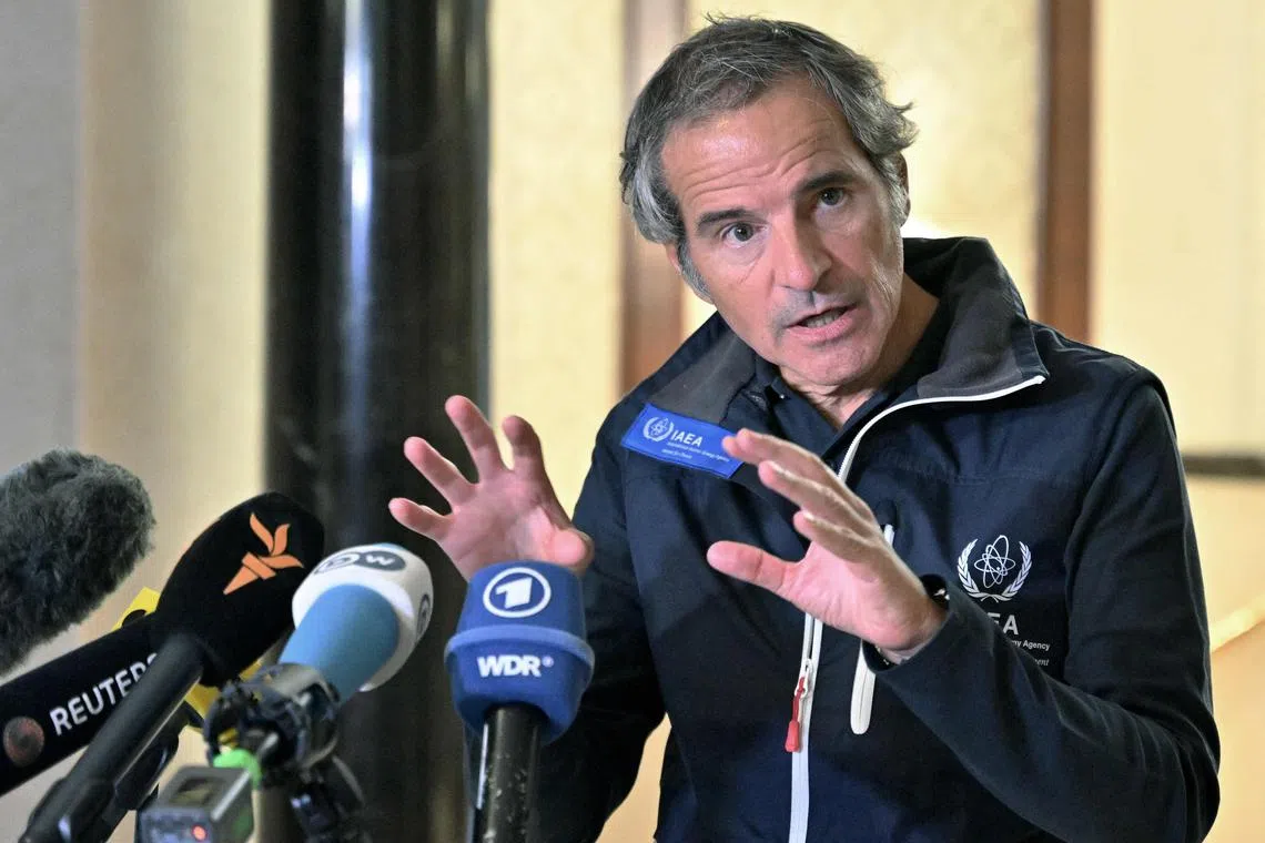 International Atomic Energy Agency chief Rafael Grossi speaking to the media in Kyiv, Ukraine, on Sept 3, ahead of his visit to Ukraine's Zaporizhzhia nuclear plant, which is under Russian control.