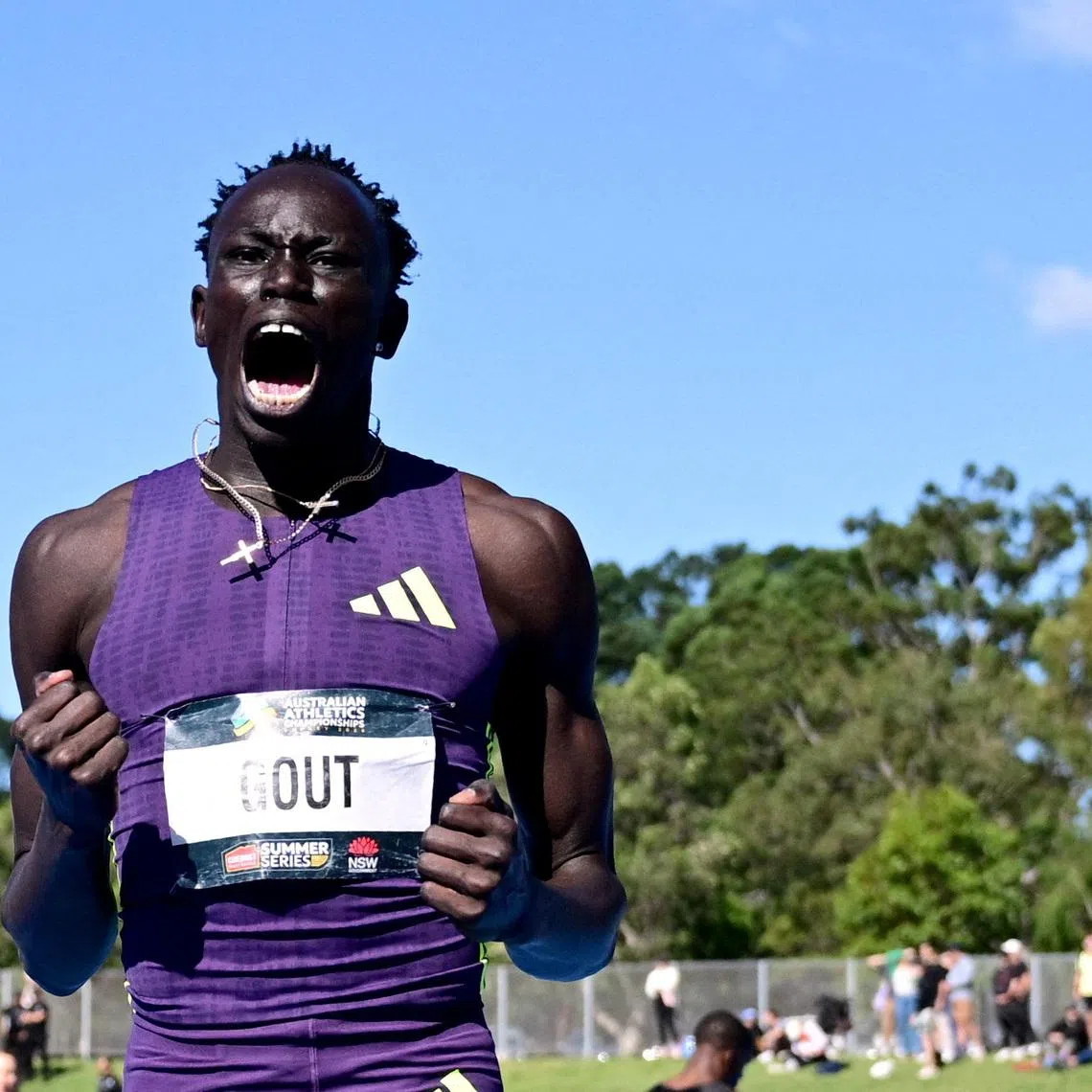 FILE PHOTO: Athletics - Australian Athletics Championships - Sydney, Australia - April 12, 2026 Australia's Gout Gout celebrates after winning the mens 200m final and setting a new national record Dean Lewins/AAP Image via REUTERS/File Photo