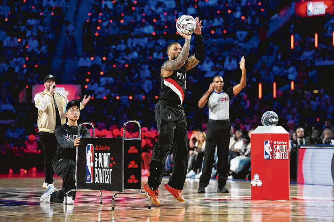 Portland Trail Blazers guard Damian Lillard en route to winning the Three-Point Contest during the 2026 NBA All-Star Saturday Night at Intuit Dome in Los Angeles on Feb 14, 2026.