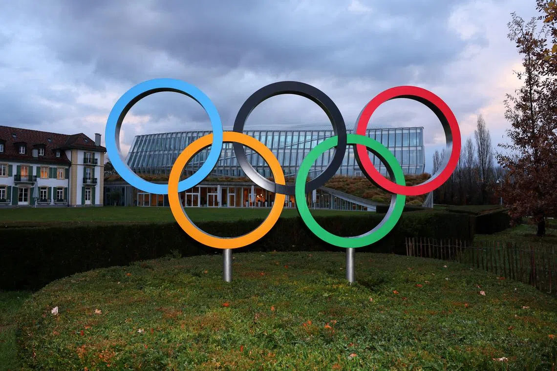 FILE PHOTO: The Olympic rings symbol is displayed by the Olympic House in Lausanne, Switzerland, December 3, 2024. REUTERS/Denis Balibouse/File Photo